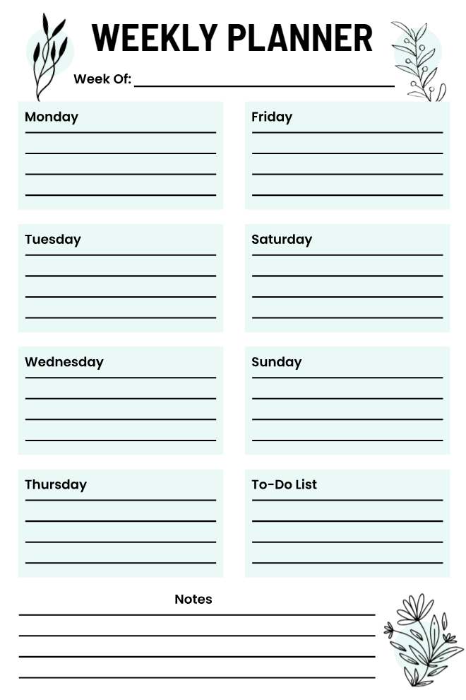 Floral-Themed Weekly Schedule Planner for a Stylish and Organized Week