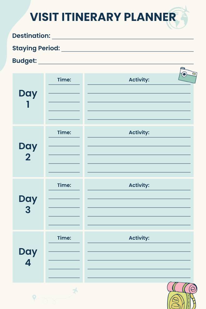 Four-Day Vacation Visit Itinerary Planner With Daily Activities and Timelines