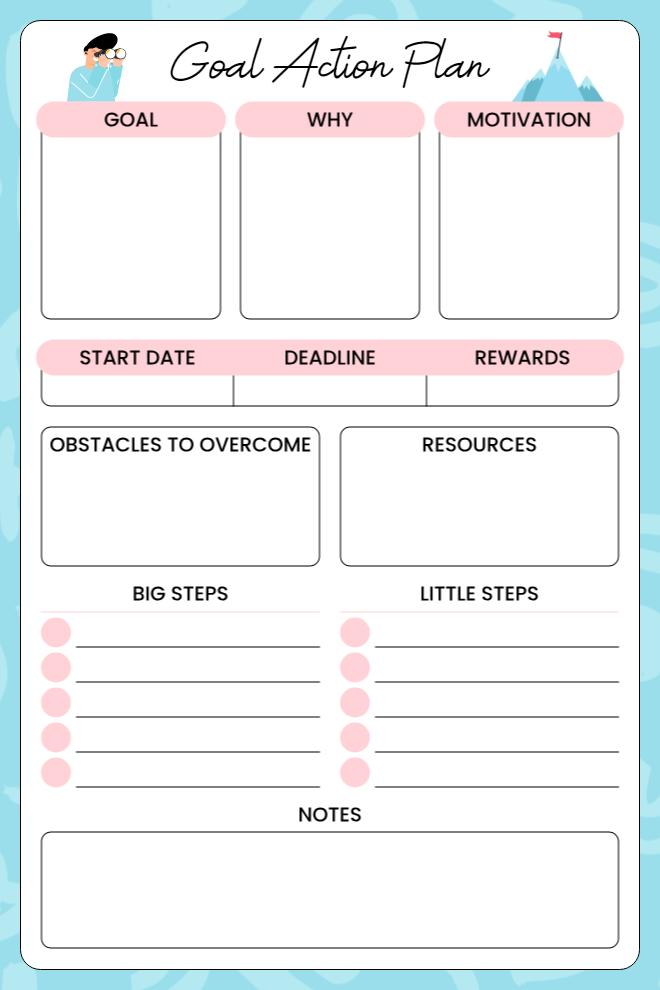 Goal Setting and Action Steps Planner With Priorities and Deadlines