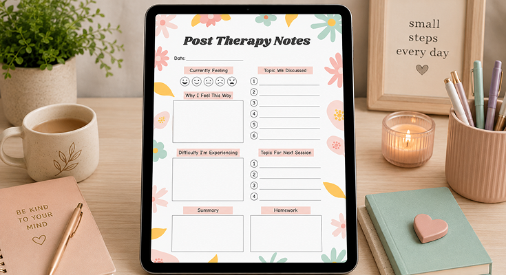 Post therapy notes tracking feelings topics discussed and homework