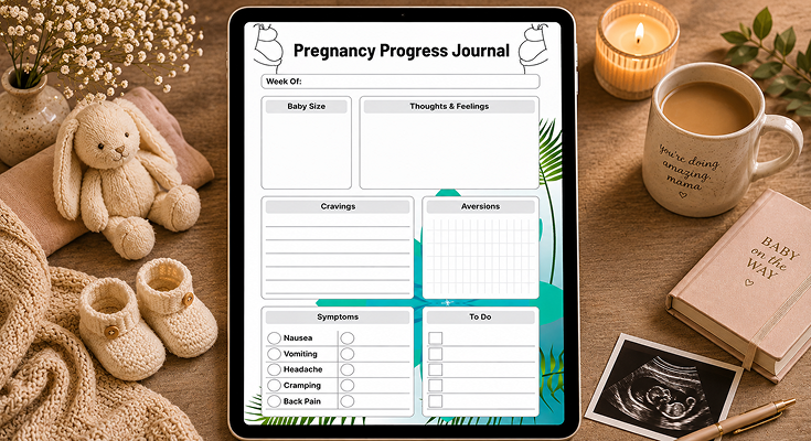 Pregnancy progress journal tracking baby size cravings symptoms and to do