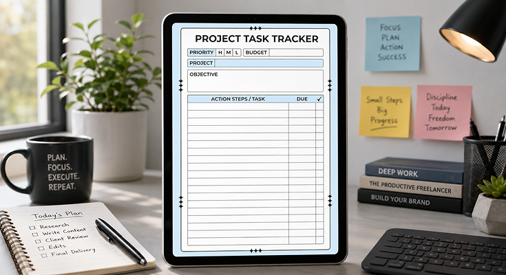 Project task tracker template with priority and action steps
