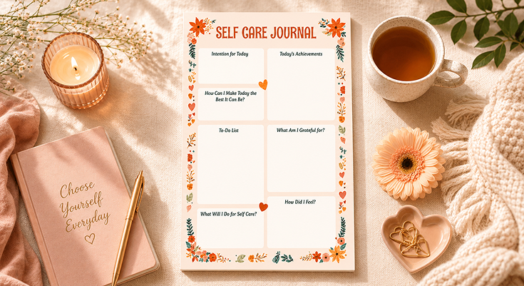Floral self care journal template with intention and gratitude section
