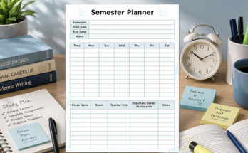 Semester planner template with class schedule and important dates