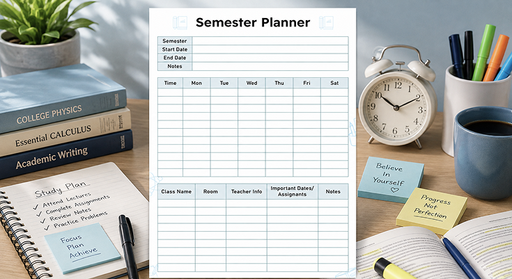 Semester planner template with class schedule and important dates