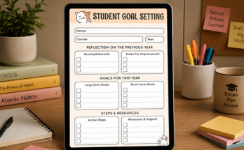 Student goal setting planner with yearly goals and action steps on tablet