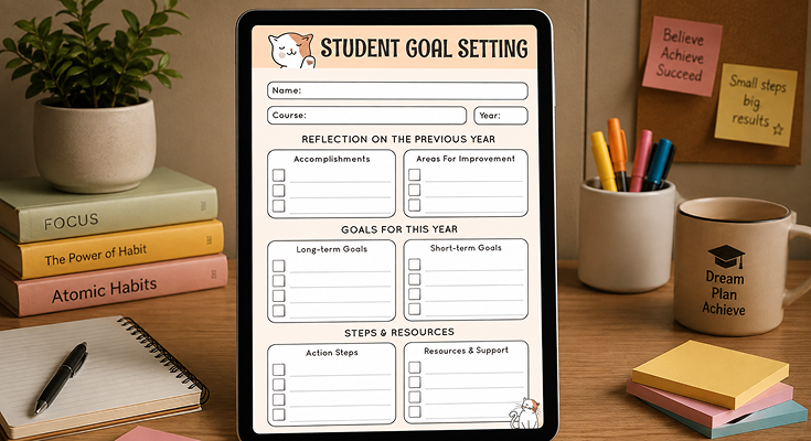 Student goal setting planner with yearly goals and action steps on tablet
