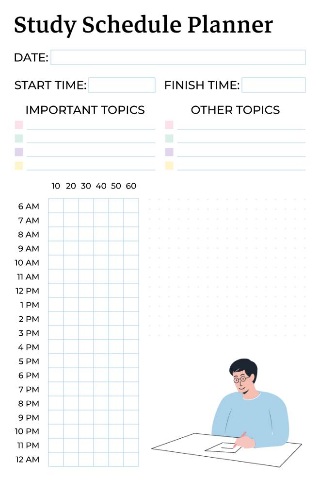 Study Schedule Planner With Time Slots, Subjects, and Task Prioritization