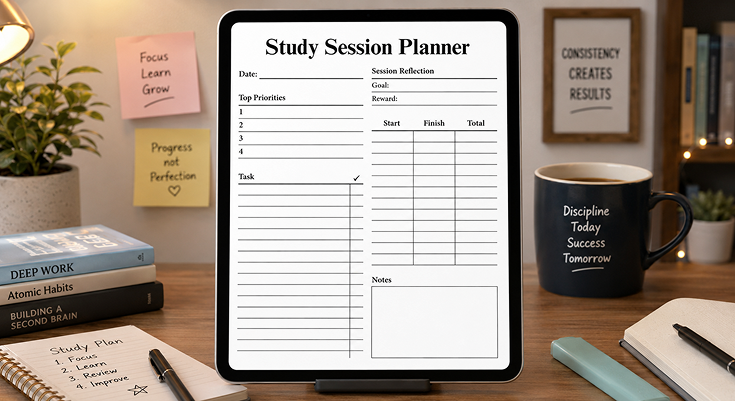 Study session planner template with priorities and time tracker