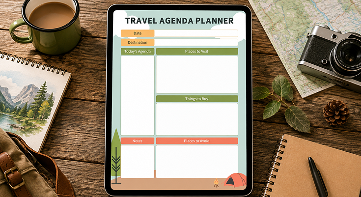 Travel agenda planner with daily agenda places to visit and things to buy