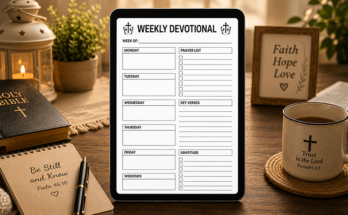 Weekly devotional template with prayer list and key verses