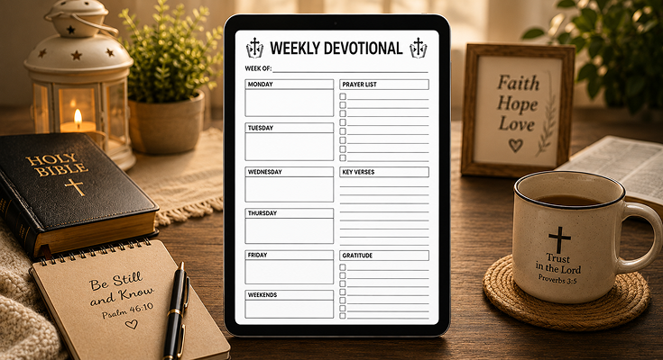 Weekly devotional template with prayer list and key verses
