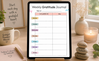 Weekly gratitude journal template with daily grateful for and why