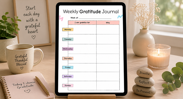 Weekly gratitude journal template with daily grateful for and why