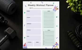 Weekly workout planner template with daily schedule and goals section