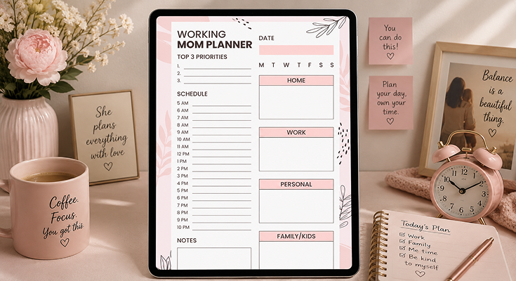 Working mom planner template with priorities and daily schedule