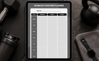 Weekly workout routine planner with exercise goals and notes by day
