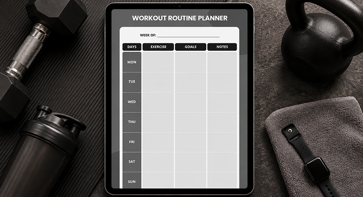 Weekly workout routine planner with exercise goals and notes by day