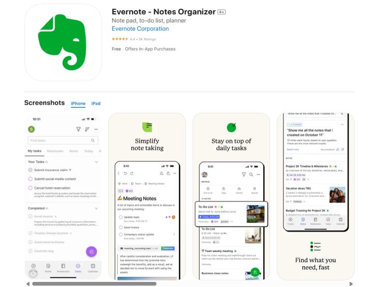 Evernote app interface for note-taking and task planning in one place.