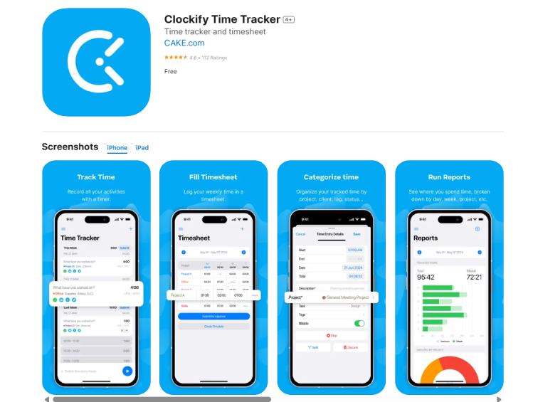 Clockify dashboard for time tracking and team scheduling features.