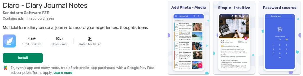 diaro diary app with photo entries and password protection