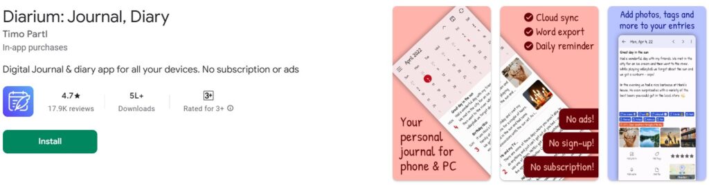 diarium digital journal app with calendar and cloud sync features