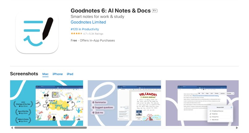 GoodNotes app for creative time planning and free-form layouts.