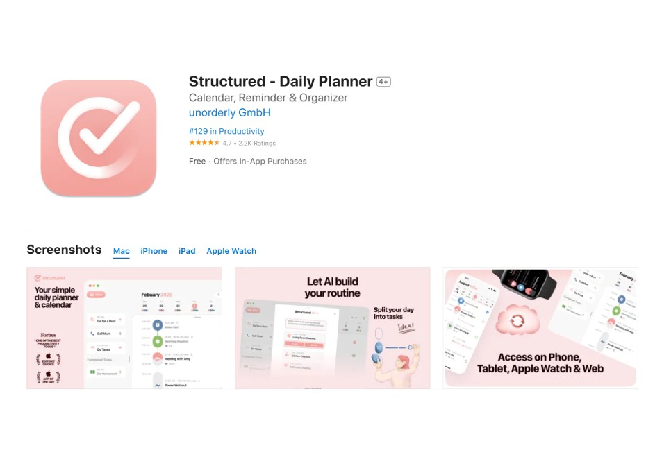 Structured daily routine app with visual time blocking