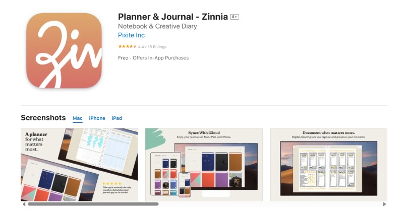 Zinnia app showing creative digital planner templates with journaling options.