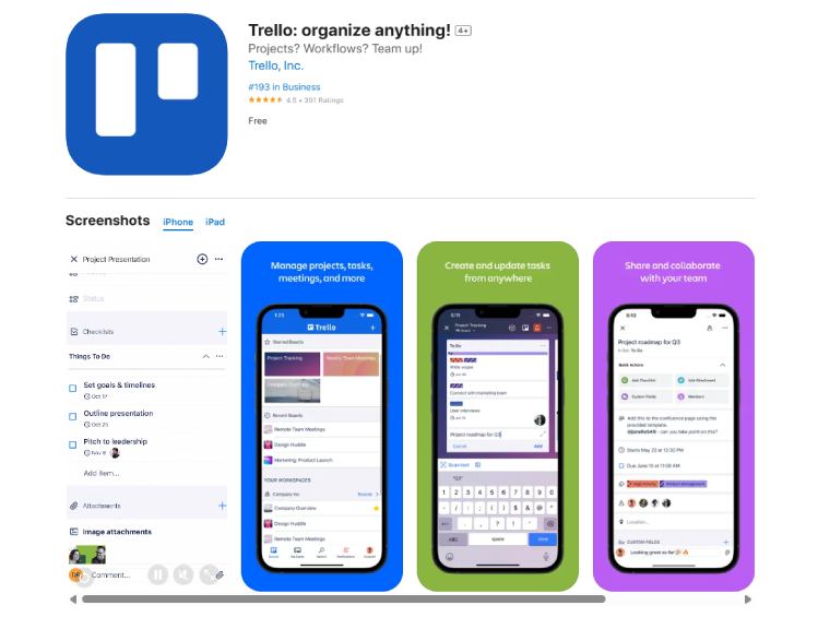 Trello board-based planner app with cards for task and project tracking.