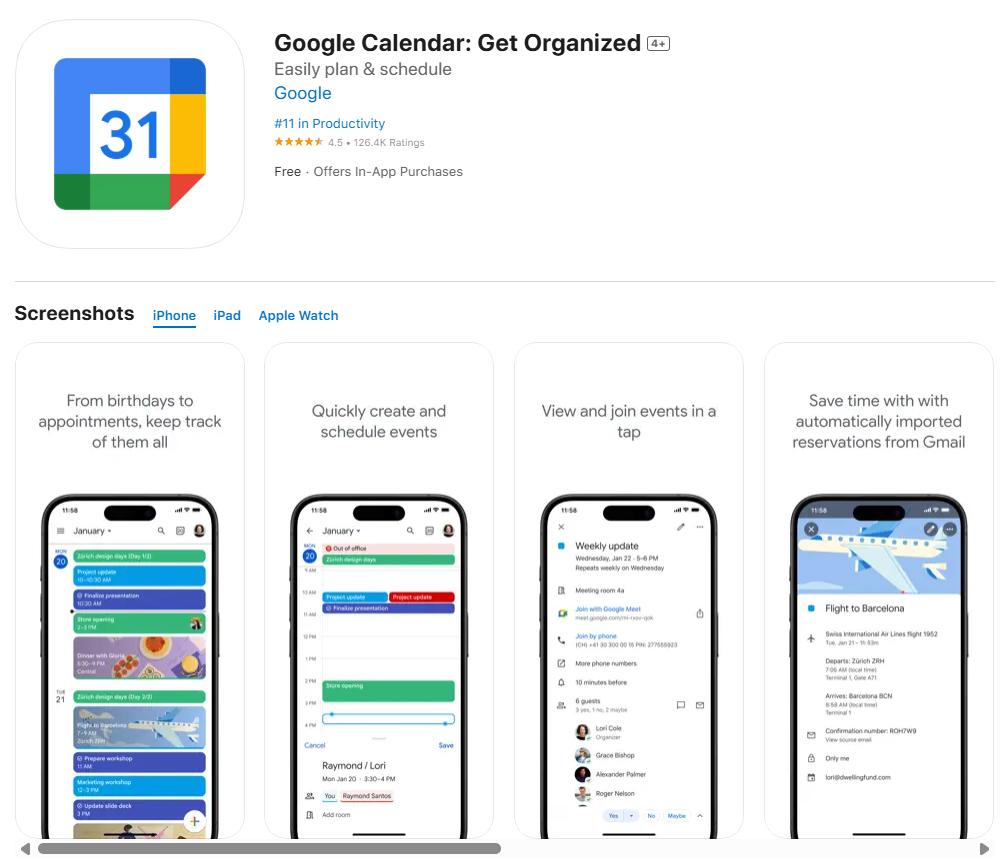 Google Calendar app for events