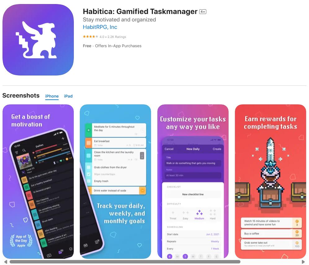 Habitica app for gamified task tracking