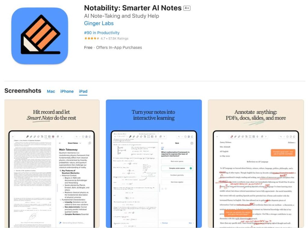 Notability notes and annotation on iPad.