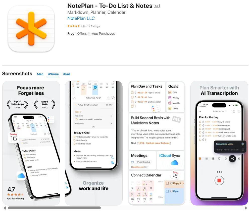NotePlan app for notes and tasks