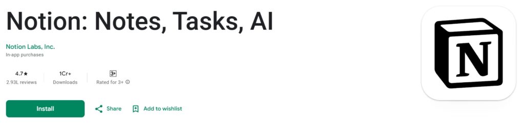 Notion app for notes, tasks, and productivity tools.