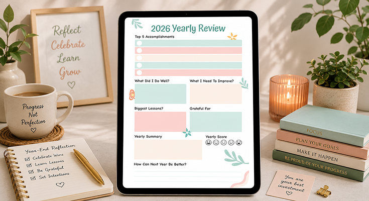 2026 yearly review template with top accomplishments and lessons learned