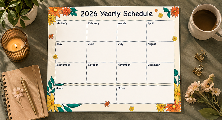 2026 yearly schedule planner with monthly calendar boxes and floral design