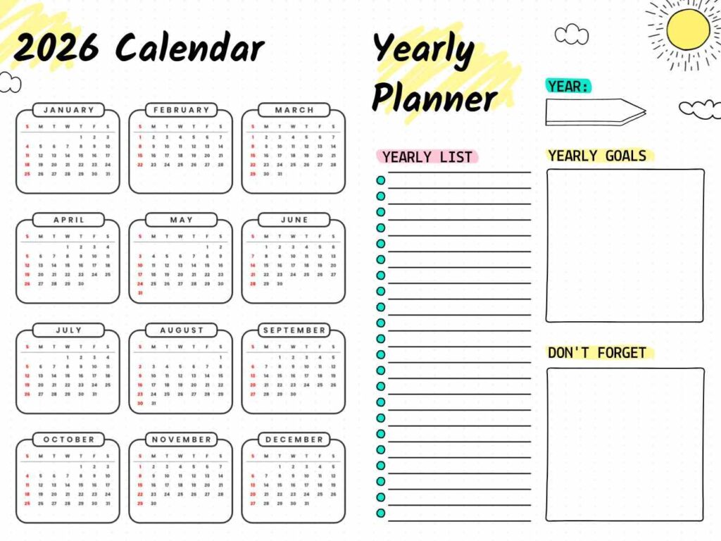 2026 yearly calendar planner template showing all 12 months with goals tracker and yearly checklist sections for better organization