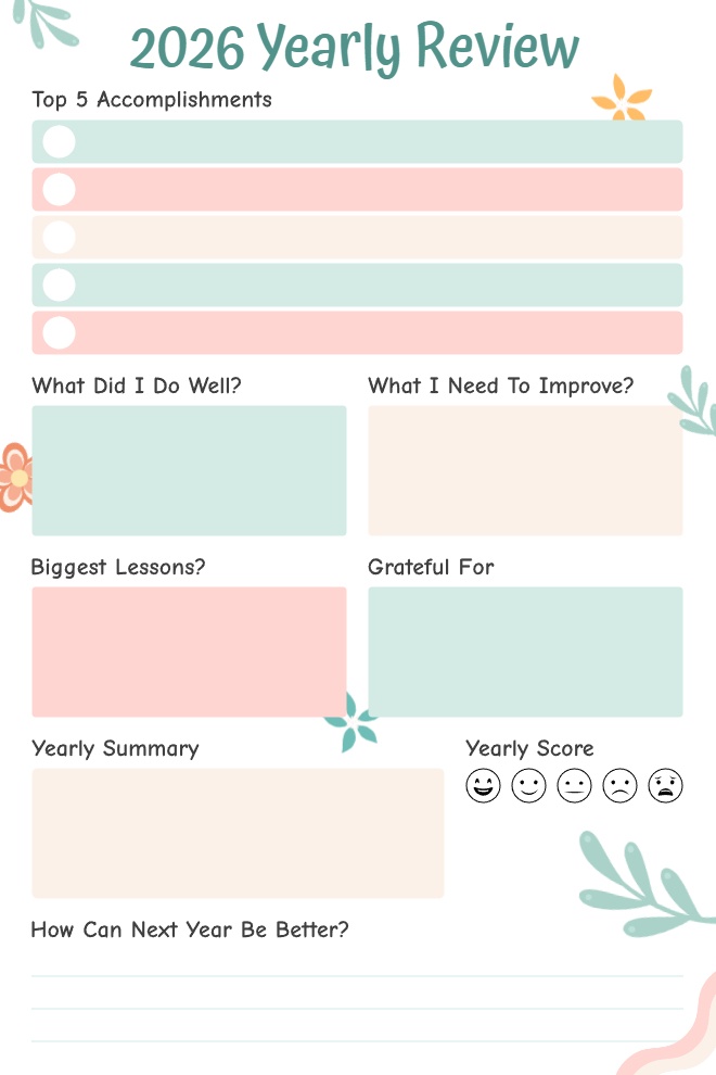 2026 yearly review template for self-improvement featuring sections for top accomplishments, lessons learned, and gratitude reflection