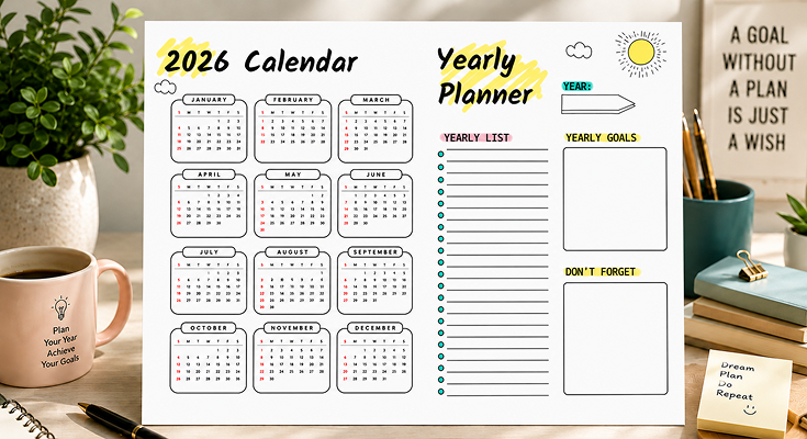 2026 yearly calendar planner template with goals and yearly list