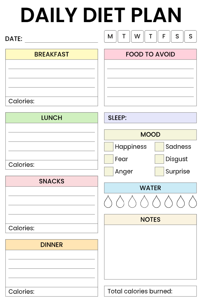 Complete daily meal plan template with mood tracker, sleep log, and calorie counting sections
