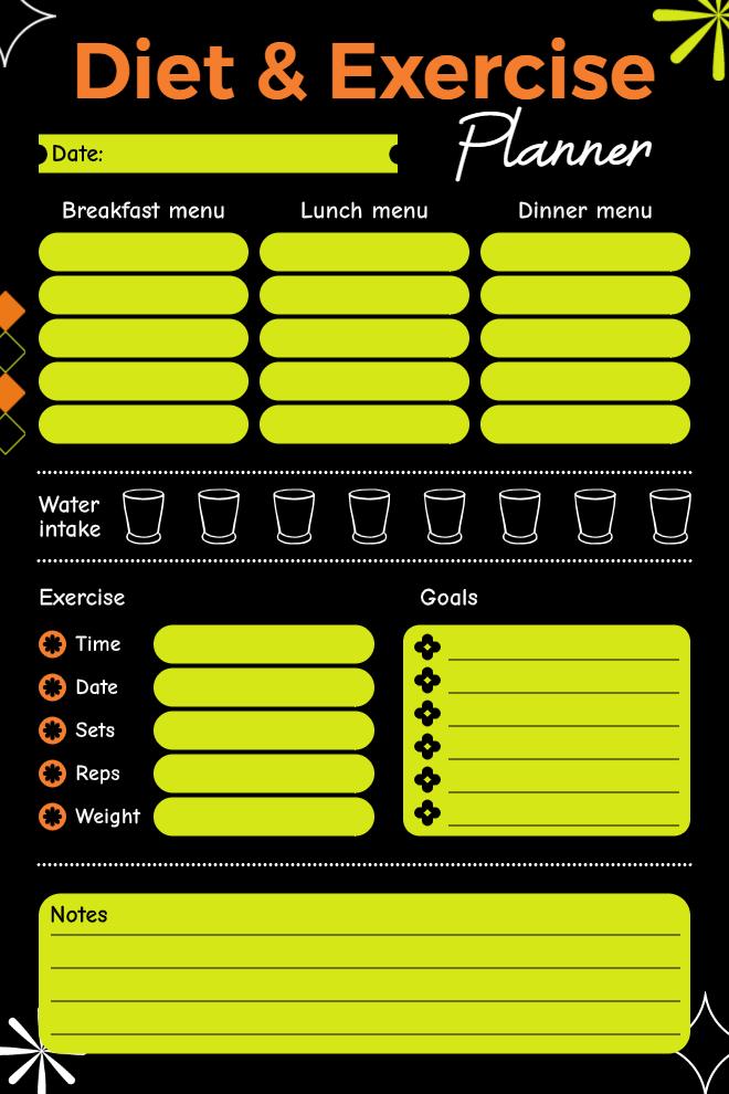 exercise and diet planner with workout goals, meal menus, and fitness tracking sections