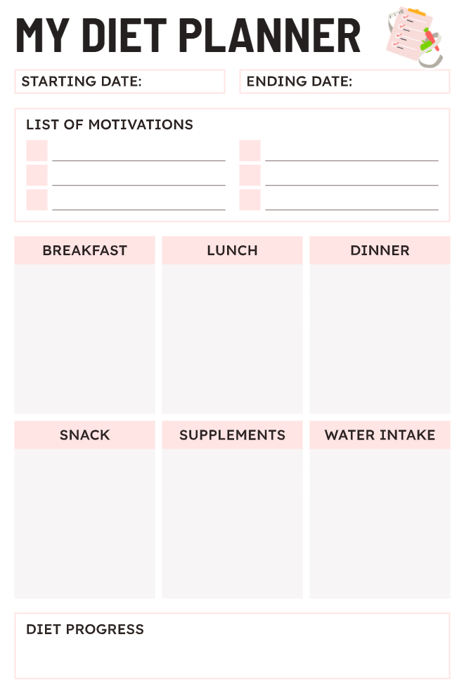 Motivational meal planning template with progress tracker and supplement sections
