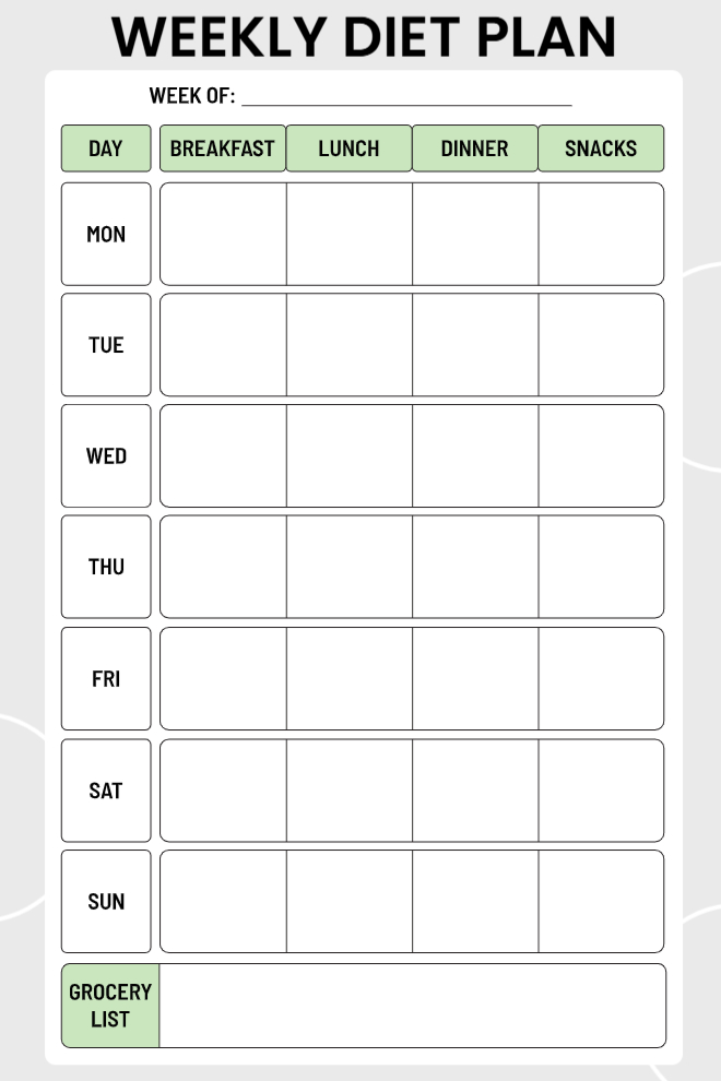 Simple weekly diet planner template showing seven-day meal grid with grocery list area
