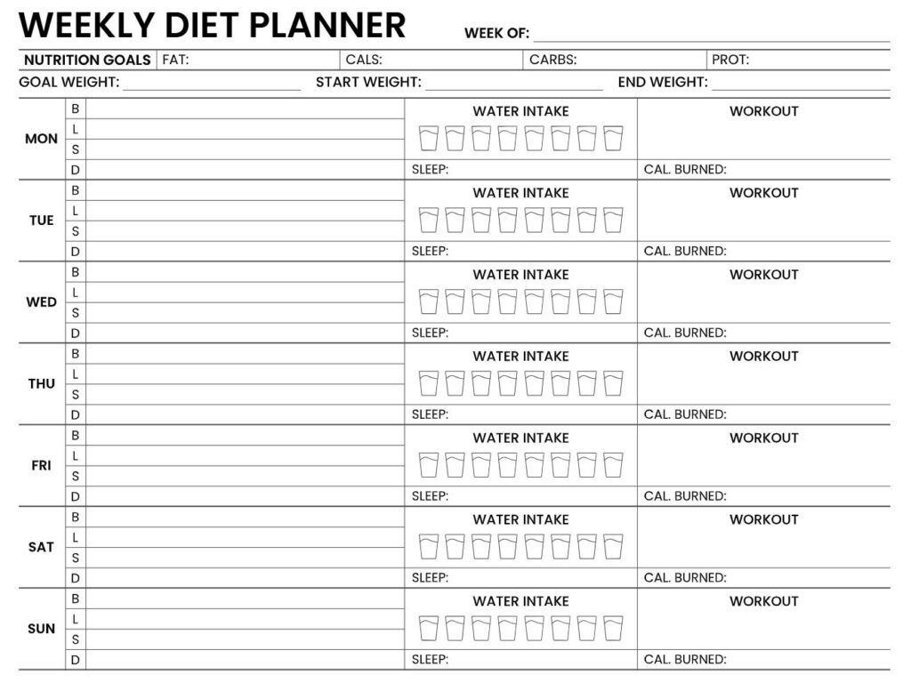 Weekly nutrition and workout tracker with macro goals, water intake, and exercise logging
