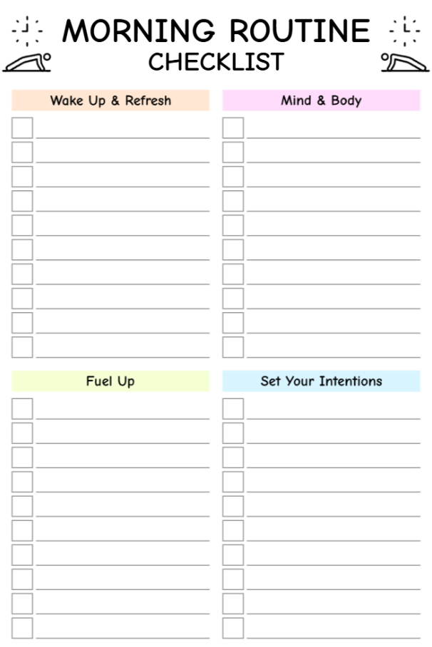 Daily morning routine checklist organized into four categories: wake up, mind and body, fuel up, and intentions
