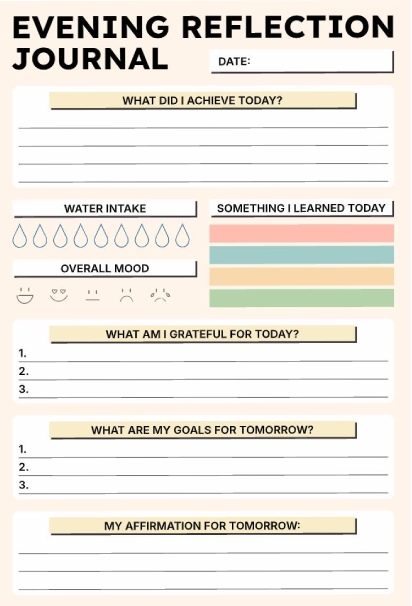 Evening reflection journal template with sections for achievements, water intake tracker, mood check, gratitude list, tomorrow's goals, and daily affirmation