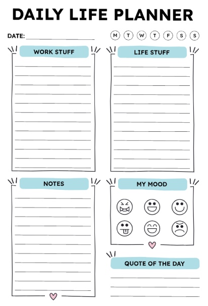 Daily life planner with work and life task sections, notes area, mood tracker with emoji faces, and quote of the day space