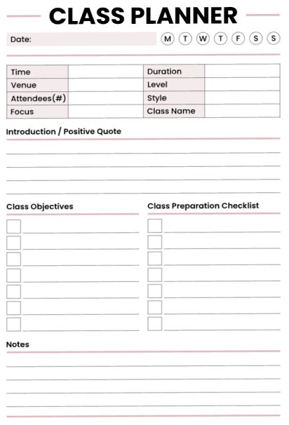 Class planner template with date selector, class info table, objectives checklist, and preparation checklist