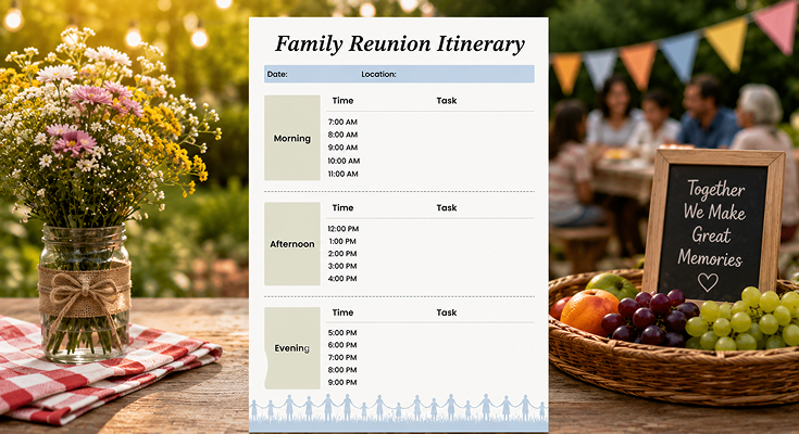 Family reunion itinerary template with morning afternoon and evening schedule